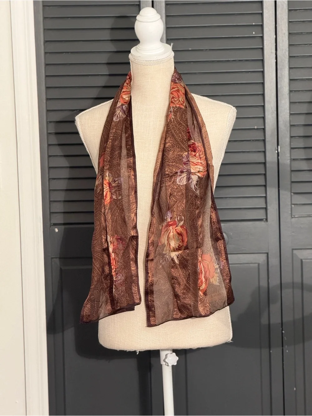 Lauren Ralph Lauren 100% Silk Scarf Brown Floral Paisley Print Vintage Style